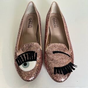 Chiara Ferragni Flirting Winking Eye Pink Glitter Ballet Flats Size 7